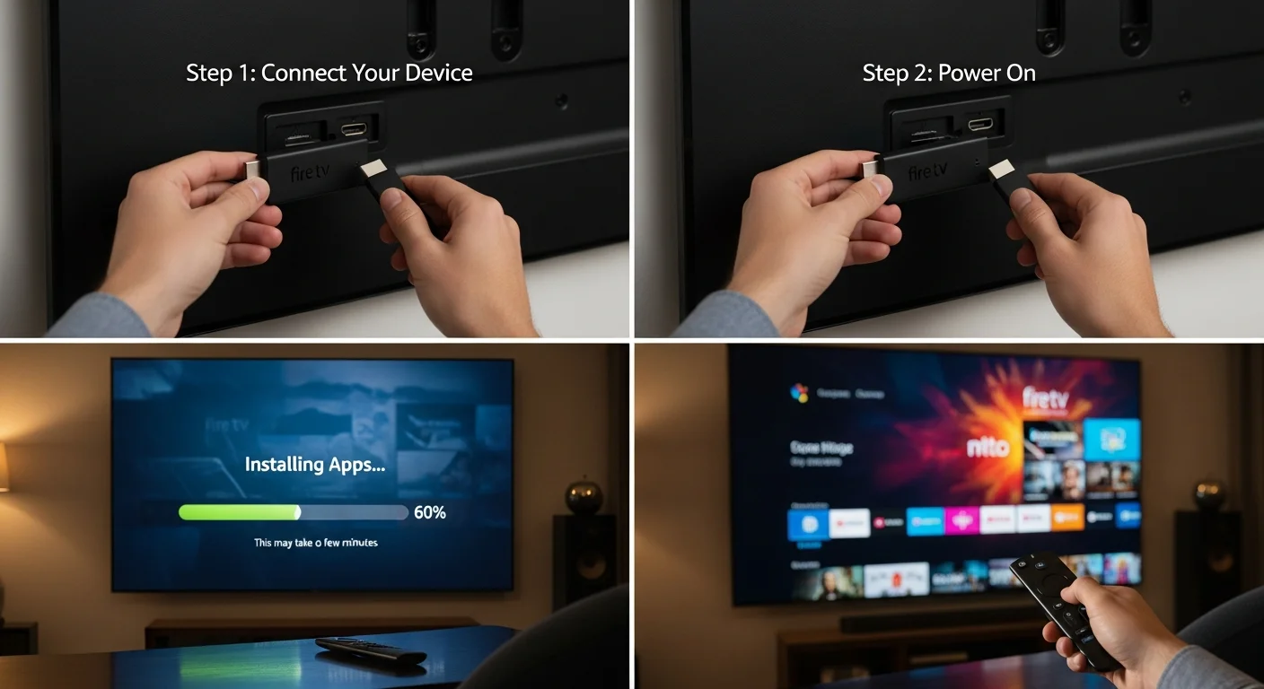 Amazon Fire TV Stick wird in HDMI-Anschluss eingefuehrt und IPTV App installiert